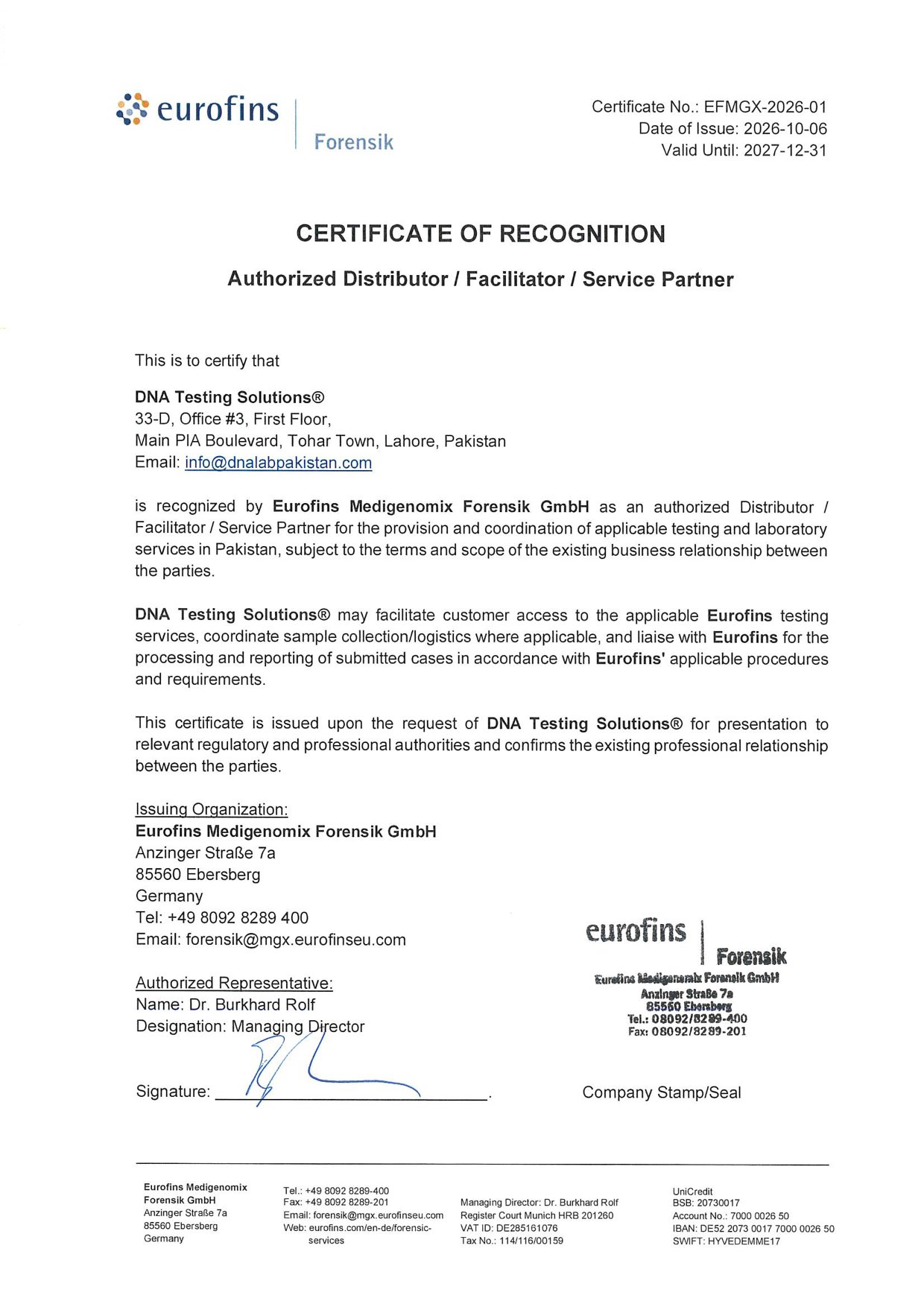 Certificate of Recognition — Authorised Service Partner