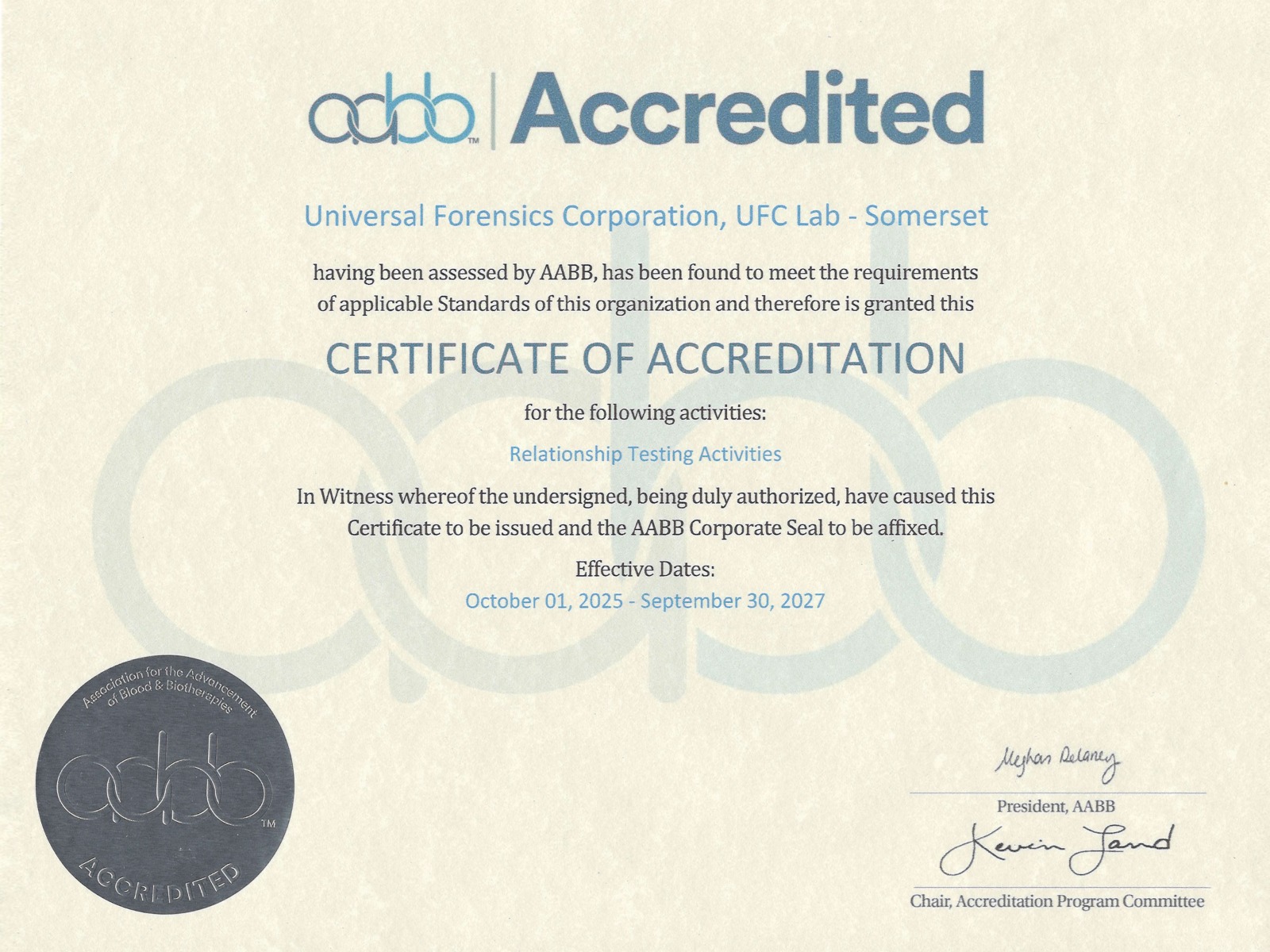 AABB Certificate of Accreditation — Relationship Testing Activities